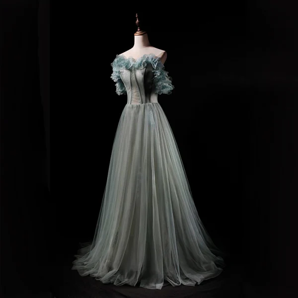 Classy Sage Green Prom Dresses 2019 Princess Strapless Sleeveless Floor-Length / Long Ruffle Backless Formal Dresses