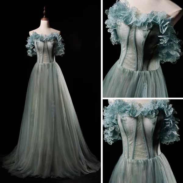 Classy Sage Green Prom Dresses 2019 Princess Strapless Sleeveless Floor-Length / Long Ruffle Backless Formal Dresses