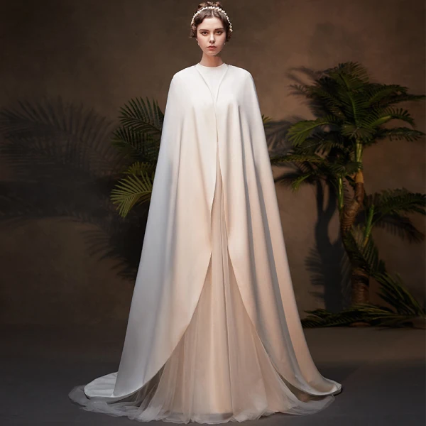 Amazing / Unique Muslim Ivory Wedding Dresses With Cloak 2019 A-Line / Princess High Neck Long Sleeve Backless Court Train Ruffle