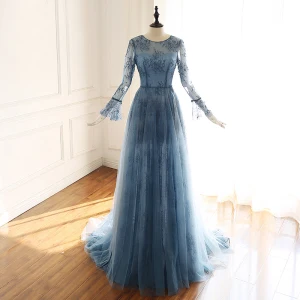 Luxe Bleu D 039 Encre Transparentes Robe De Soirée 2019 Princesse Encolure Dégagée Manches De Cloche Fait Main Perlage Tribunal Train Volants Robe De Ceremonie