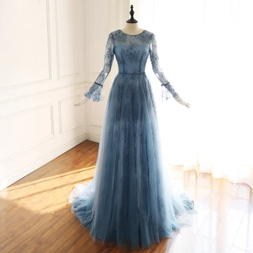 Luxury Gorgeous Ink Blue See Through Evening Dresses 2019 A Line Princess Scoop Neck Bell Sleeves Handmade Beading Court Train Ruffle Formal Dresses