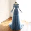 Luxury / Gorgeous Ink Blue See-through Evening Dresses  2019 A-Line / Princess Scoop Neck Bell sleeves Handmade  Beading Court Train Ruffle Formal Dresses
