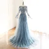 Luxe Bleu D'encre Transparentes Robe De Soirée 2019 Princesse Encolure Dégagée Manches de cloche Fait main Perlage Tribunal Train Volants Robe De Ceremonie