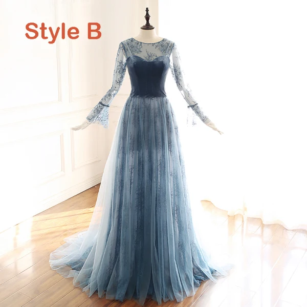 Luxury / Gorgeous Ink Blue See-through Evening Dresses 2019 A-Line / Princess Scoop Neck Bell sleeves Handmade Beading Court Train Ruffle Formal Dresses
