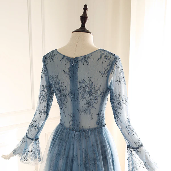 Luxury / Gorgeous Ink Blue See-through Evening Dresses 2019 A-Line / Princess Scoop Neck Bell sleeves Handmade Beading Court Train Ruffle Formal Dresses