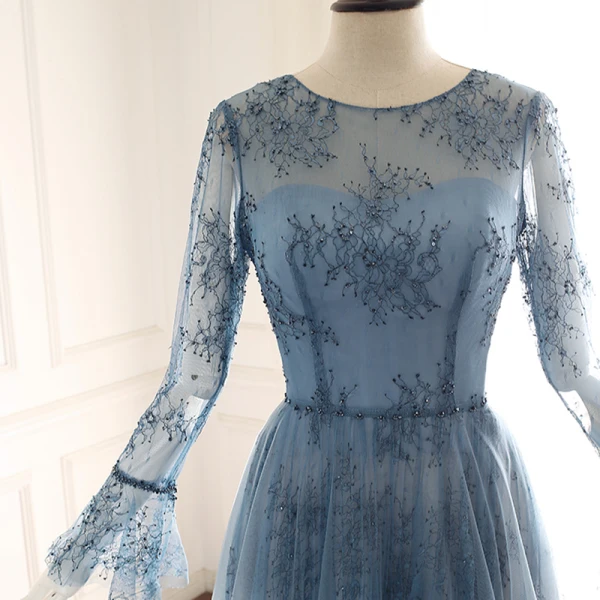 Luxury / Gorgeous Ink Blue See-through Evening Dresses 2019 A-Line / Princess Scoop Neck Bell sleeves Handmade Beading Court Train Ruffle Formal Dresses