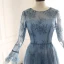 Luxury / Gorgeous Ink Blue See-through Evening Dresses  2019 A-Line / Princess Scoop Neck Bell sleeves Handmade  Beading Court Train Ruffle Formal Dresses
