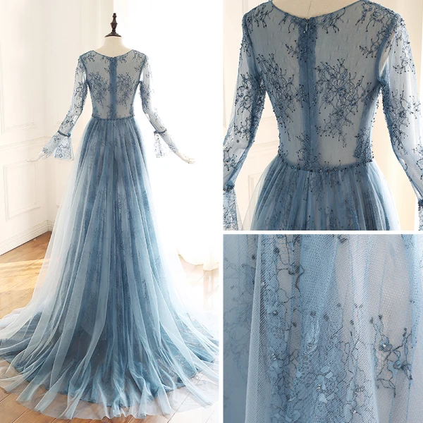 Luxury / Gorgeous Ink Blue See-through Evening Dresses 2019 A-Line / Princess Scoop Neck Bell sleeves Handmade Beading Court Train Ruffle Formal Dresses