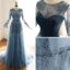 Luxury / Gorgeous Ink Blue See-through Evening Dresses  2019 A-Line / Princess Scoop Neck Bell sleeves Handmade  Beading Court Train Ruffle Formal Dresses