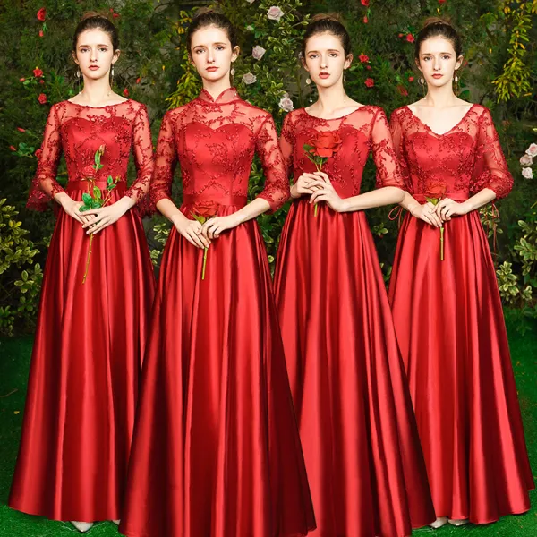 Abordable Rouge Satin Transparentes Robe Demoiselle D'honneur 2019 Princesse Appliques En Dentelle Longue Dos Nu Robe Pour Mariage