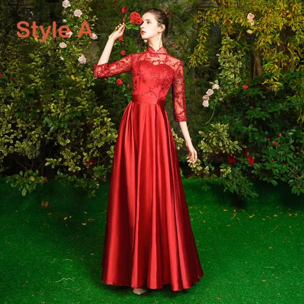 Erschwinglich Rot Satin Durchsichtige Brautjungfernkleider 2019 A Linie Applikationen Spitze Lange Rückenfreies Kleider Für Hochzeit