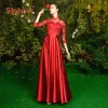 Affordable Red Satin See-through Bridesmaid Dresses 2019 A-Line / Princess Appliques Lace Floor-Length / Long Backless Wedding Party Dresses