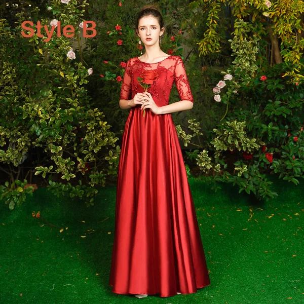 Erschwinglich Rot Satin Durchsichtige Brautjungfernkleider 2019 A Linie Applikationen Spitze Lange Rückenfreies Kleider Für Hochzeit