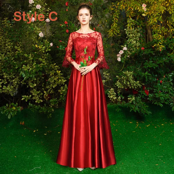 Erschwinglich Rot Satin Durchsichtige Brautjungfernkleider 2019 A Linie Applikationen Spitze Lange Rückenfreies Kleider Für Hochzeit