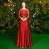Affordable Red Satin See-through Bridesmaid Dresses 2019 A-Line / Princess Appliques Lace Floor-Length / Long Backless Wedding Party Dresses