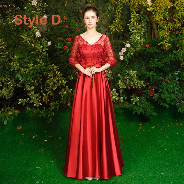 Erschwinglich Rot Satin Durchsichtige Brautjungfernkleider 2019 A Linie Applikationen Spitze Lange Rückenfreies Kleider Für Hochzeit