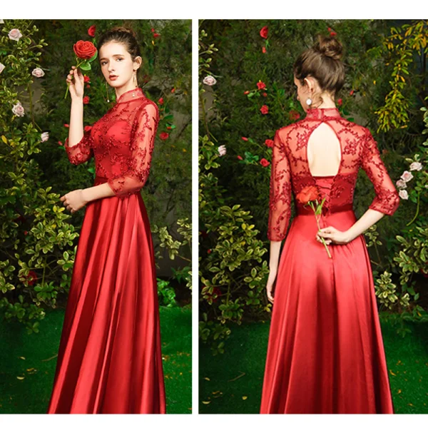 Erschwinglich Rot Satin Durchsichtige Brautjungfernkleider 2019 A Linie Applikationen Spitze Lange Rückenfreies Kleider Für Hochzeit