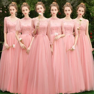 Abordable Perle Rose Robe Demoiselle D 039 Honneur 2019 Princesse Ceinture Appliques En Dentelle Longue Dos Nu Robe Pour Mariage