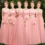 Affordable Pearl Pink Bridesmaid Dresses 2019 A-Line / Princess Sash Appliques Lace Floor-Length / Long Backless Wedding Party Dresses