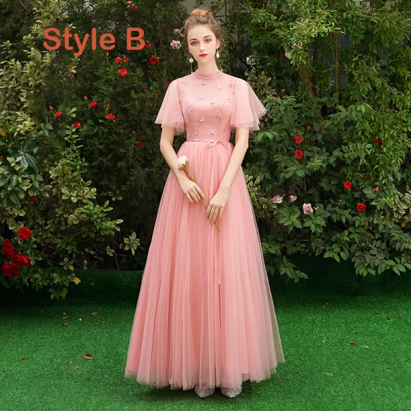 Affordable Pearl Pink Bridesmaid Dresses 2019 A-Line / Princess Sash Appliques Lace Floor-Length / Long Backless Wedding Party Dresses