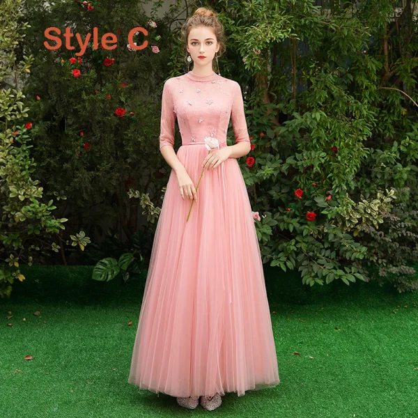 Affordable Pearl Pink Bridesmaid Dresses 2019 A-Line / Princess Sash Appliques Lace Floor-Length / Long Backless Wedding Party Dresses