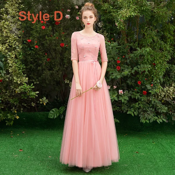 Affordable Pearl Pink Bridesmaid Dresses 2019 A-Line / Princess Sash Appliques Lace Floor-Length / Long Backless Wedding Party Dresses