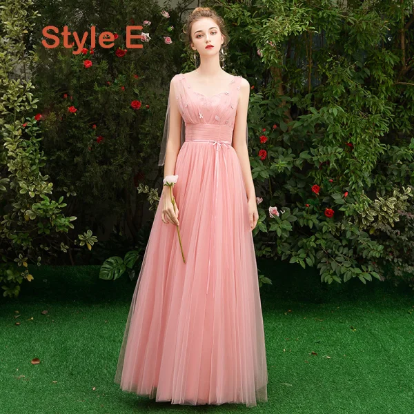 Affordable Pearl Pink Bridesmaid Dresses 2019 A-Line / Princess Sash Appliques Lace Floor-Length / Long Backless Wedding Party Dresses