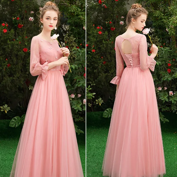 Affordable Pearl Pink Bridesmaid Dresses 2019 A-Line / Princess Sash Appliques Lace Floor-Length / Long Backless Wedding Party Dresses