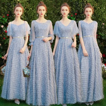 Affordable Sky Blue Lace Bridesmaid Dresses 2019 A Line Princess Metal Sash Floor Length Long Backless Wedding Party Dresses
