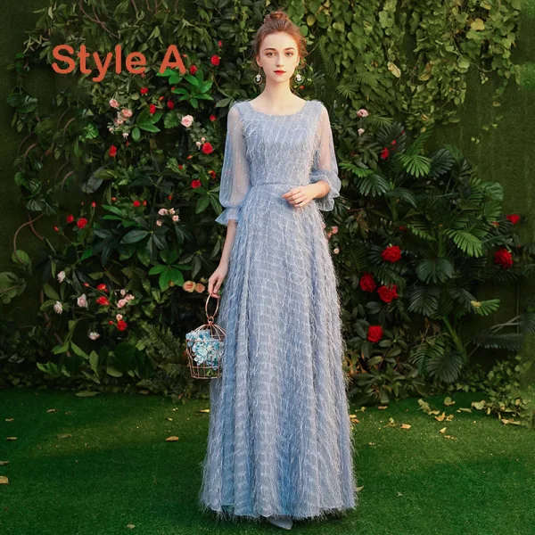 Affordable Sky Blue Lace Bridesmaid Dresses 2019 A-Line / Princess Metal Sash Floor-Length / Long Backless Wedding Party Dresses