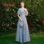 Affordable Sky Blue Lace Bridesmaid Dresses 2019 A-Line / Princess Metal Sash Floor-Length / Long Backless Wedding Party Dresses