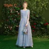Affordable Sky Blue Lace Bridesmaid Dresses 2019 A-Line / Princess Metal Sash Floor-Length / Long Backless Wedding Party Dresses
