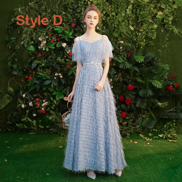 Affordable Sky Blue Lace Bridesmaid Dresses 2019 A-Line / Princess Metal Sash Floor-Length / Long Backless Wedding Party Dresses