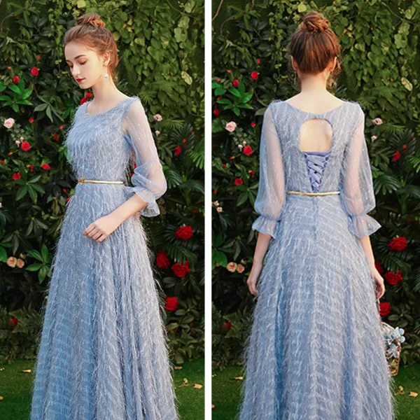 Affordable Sky Blue Lace Bridesmaid Dresses 2019 A-Line / Princess Metal Sash Floor-Length / Long Backless Wedding Party Dresses