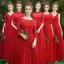 Affordable Red Bridesmaid Dresses 2019 A-Line / Princess Sash Appliques Lace Floor-Length / Long Backless Wedding Party Dresses