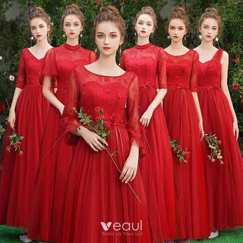 Affordable Red Bridesmaid Dresses 2019 A-Line / Princess Sash Appliques  Lace Floor-Length / Long Backless Wedding Party Dresses