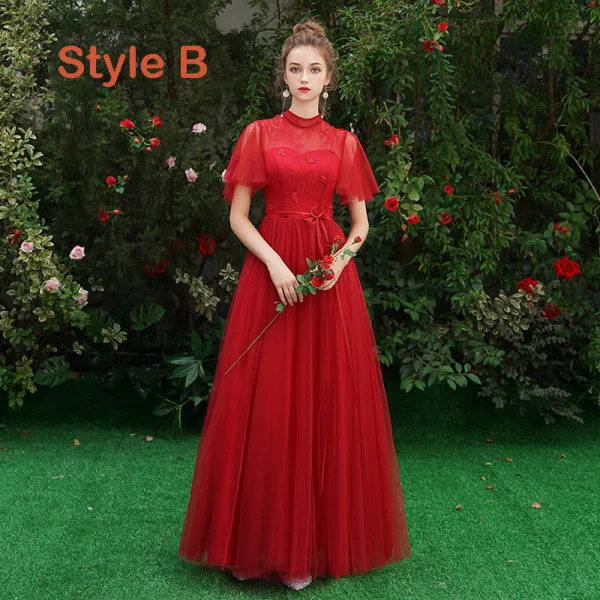 Affordable Red Bridesmaid Dresses 2019 A-Line Princess Sash Appliques Lace Floor-Length