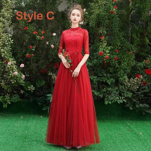 Affordable Red Bridesmaid Dresses 2019 A-Line / Princess Sash Appliques Lace Floor-Length / Long Backless Wedding Party Dresses
