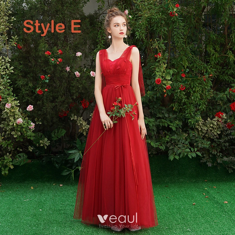 Affordable Red Bridesmaid Dresses 2019 A-Line / Princess Sash Appliques  Lace Floor-Length / Long Backless Wedding Party Dresses