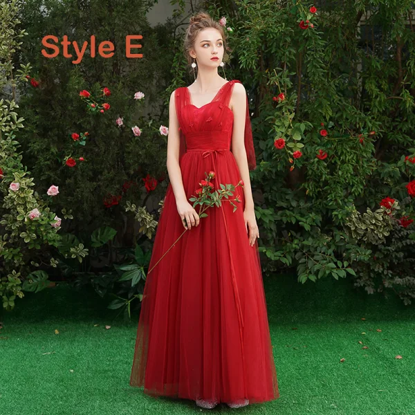 Affordable Red Bridesmaid Dresses 2019 A-Line Princess Sash Appliques Lace Floor-Length