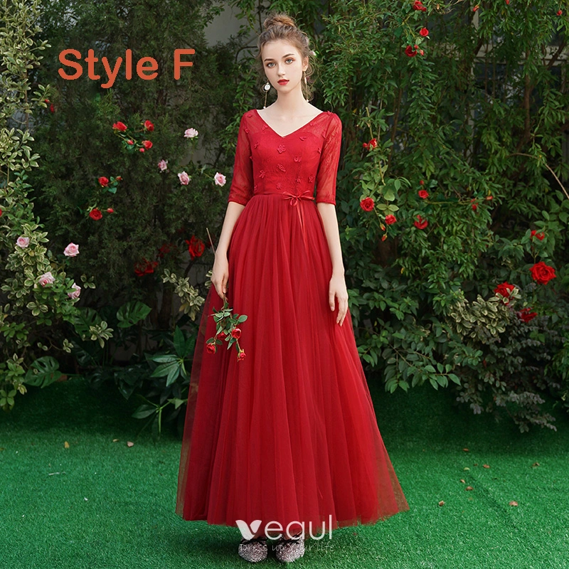 Affordable Red Bridesmaid Dresses 2019 A-Line Princess Sash Appliques Lace Floor-Length
