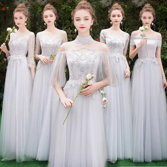 Chic Beautiful Grey Bridesmaid Dresses 2019 A Line Princess Appliques Lace Floor Length Long Ruffle Backless Wedding Party Dresses