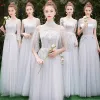 Chic / Beautiful Grey Bridesmaid Dresses 2019 A-Line / Princess Appliques Lace Floor-Length / Long Ruffle Backless Wedding Party Dresses