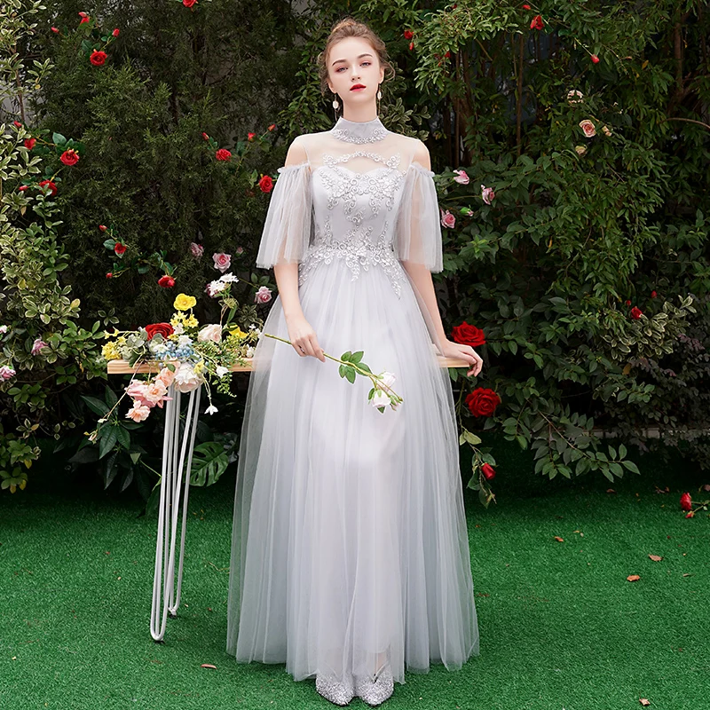 Chic Beautiful Grey Bridesmaid Dresses 2019 A Line Princess Appliques Lace  Floor Length Long Ruffle Backless Wedding Party Dresses