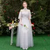 Chic / Beautiful Grey Bridesmaid Dresses 2019 A-Line / Princess Appliques Lace Floor-Length / Long Ruffle Backless Wedding Party Dresses
