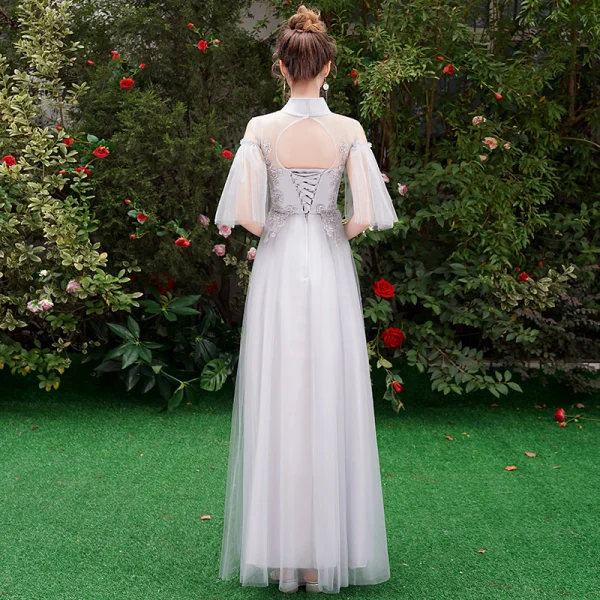 Chic / Beautiful Grey Bridesmaid Dresses 2019 A-Line / Princess Appliques Lace Floor-Length / Long Ruffle Backless Wedding Party Dresses