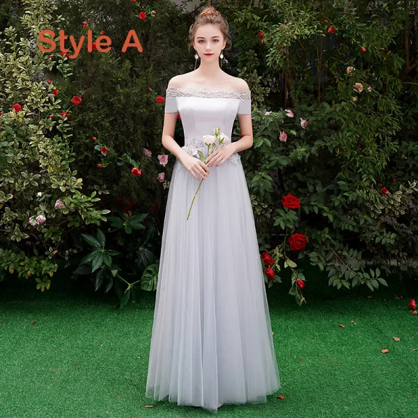 Chic / Beautiful Grey Bridesmaid Dresses 2019 A-Line / Princess Appliques Lace Floor-Length / Long Ruffle Backless Wedding Party Dresses