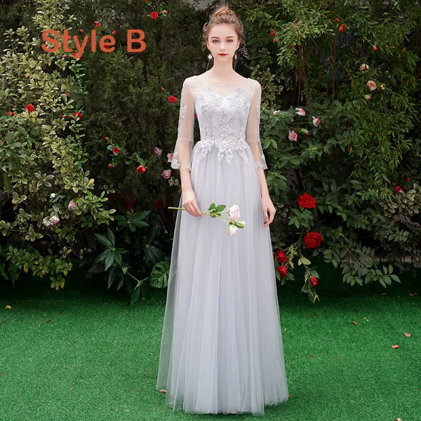 Chic / Beautiful Grey Bridesmaid Dresses 2019 A-Line / Princess Appliques Lace Floor-Length / Long Ruffle Backless Wedding Party Dresses