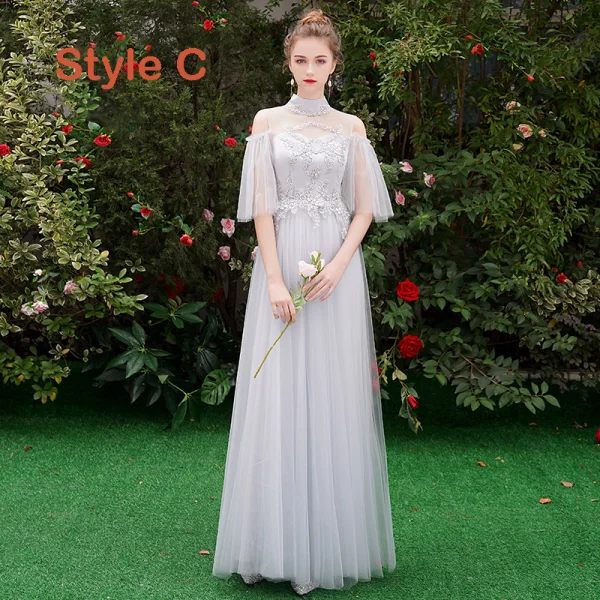Chic / Beautiful Grey Bridesmaid Dresses 2019 A-Line / Princess Appliques Lace Floor-Length / Long Ruffle Backless Wedding Party Dresses