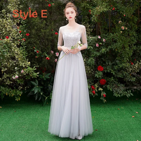 Chic / Beautiful Grey Bridesmaid Dresses 2019 A-Line / Princess Appliques Lace Floor-Length / Long Ruffle Backless Wedding Party Dresses